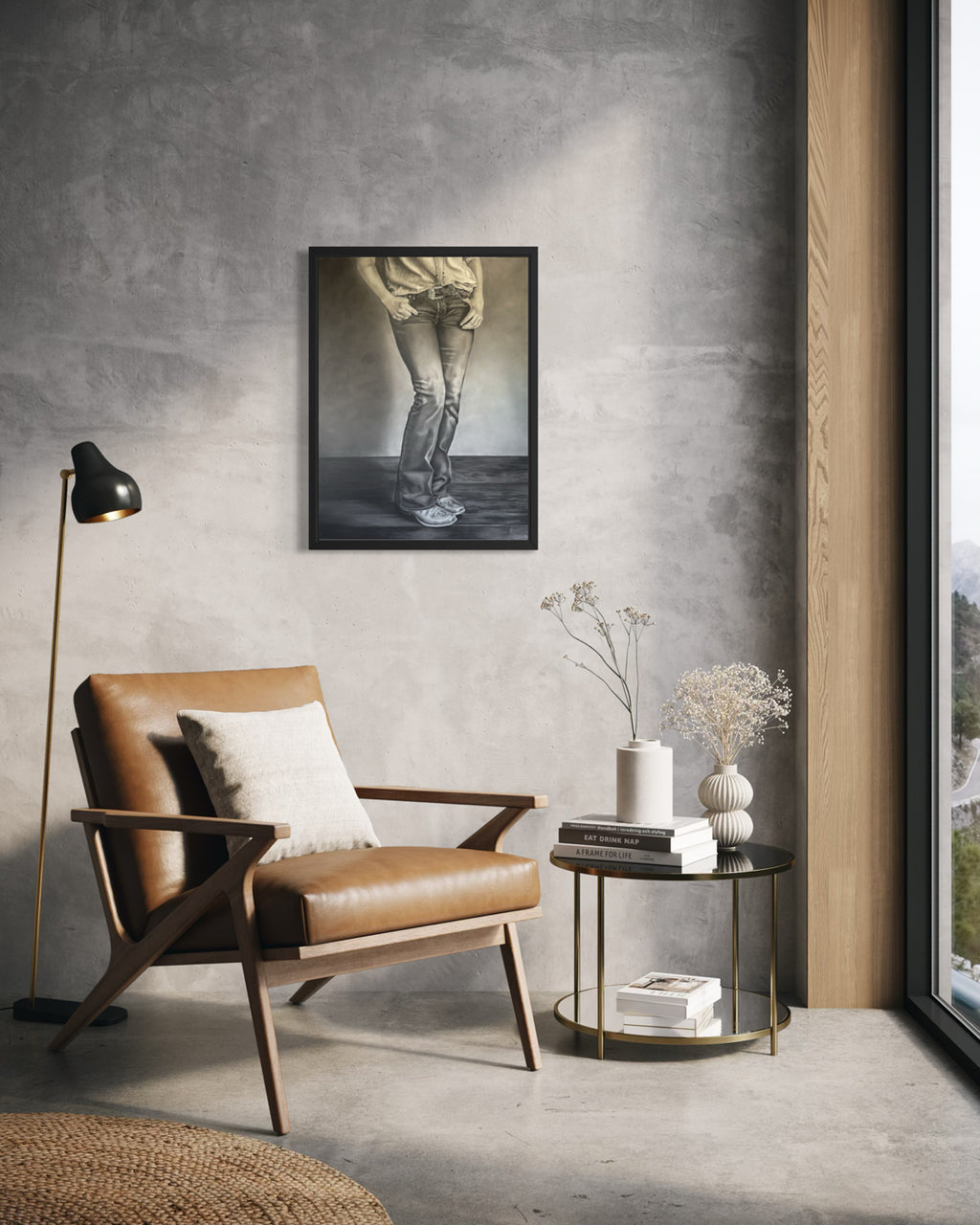 She Stands fine art print in a black frame, no mat, displayed in a modern living room — frame not included