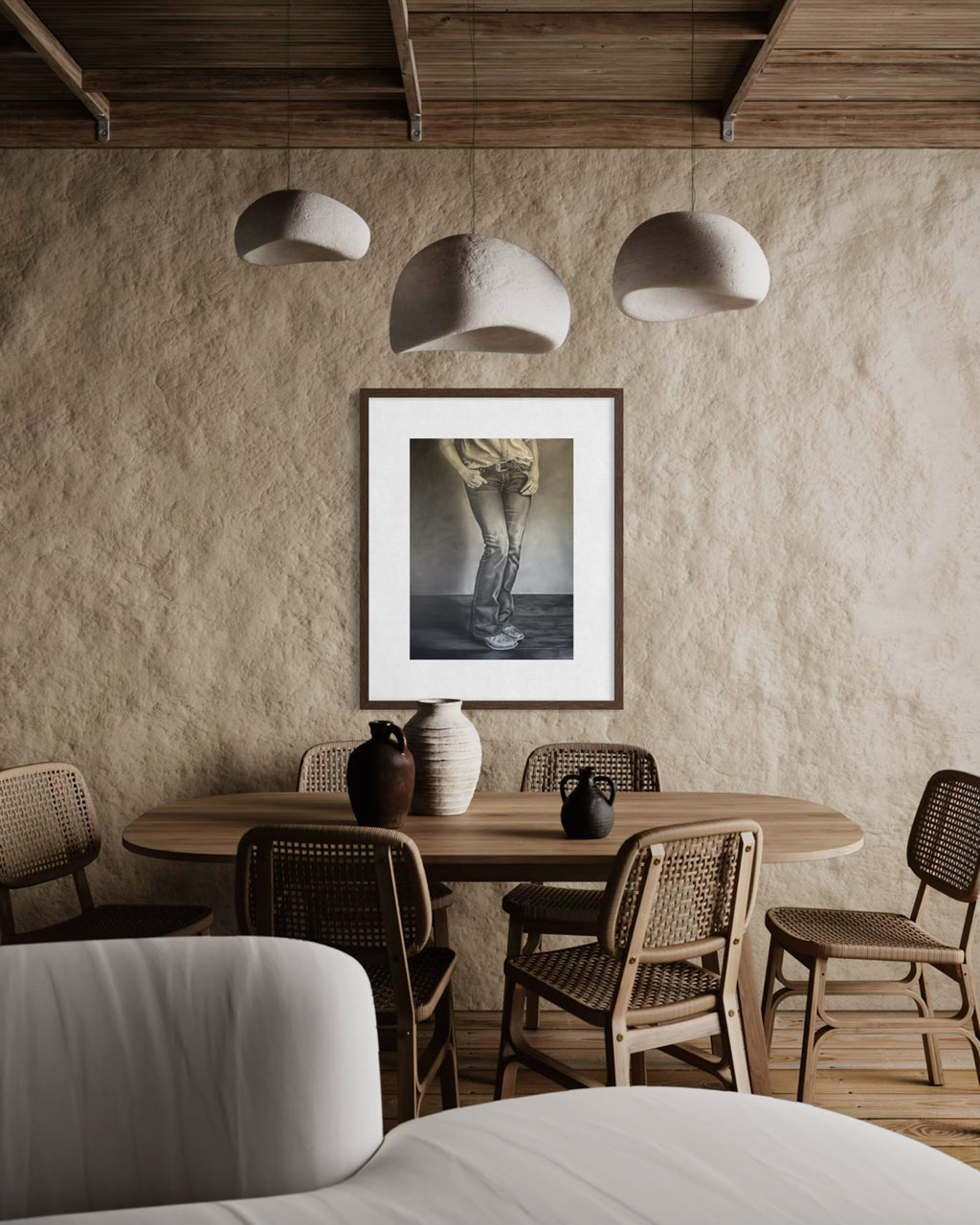 She Stands fine art print in a wood frame with white mat in a rustic dining room — mat and frame not included
